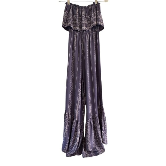 Japna Blue Strapless Smocked Flare Wide Leg Romper Jumpsuit Size XSmall - Picture 3 of 13